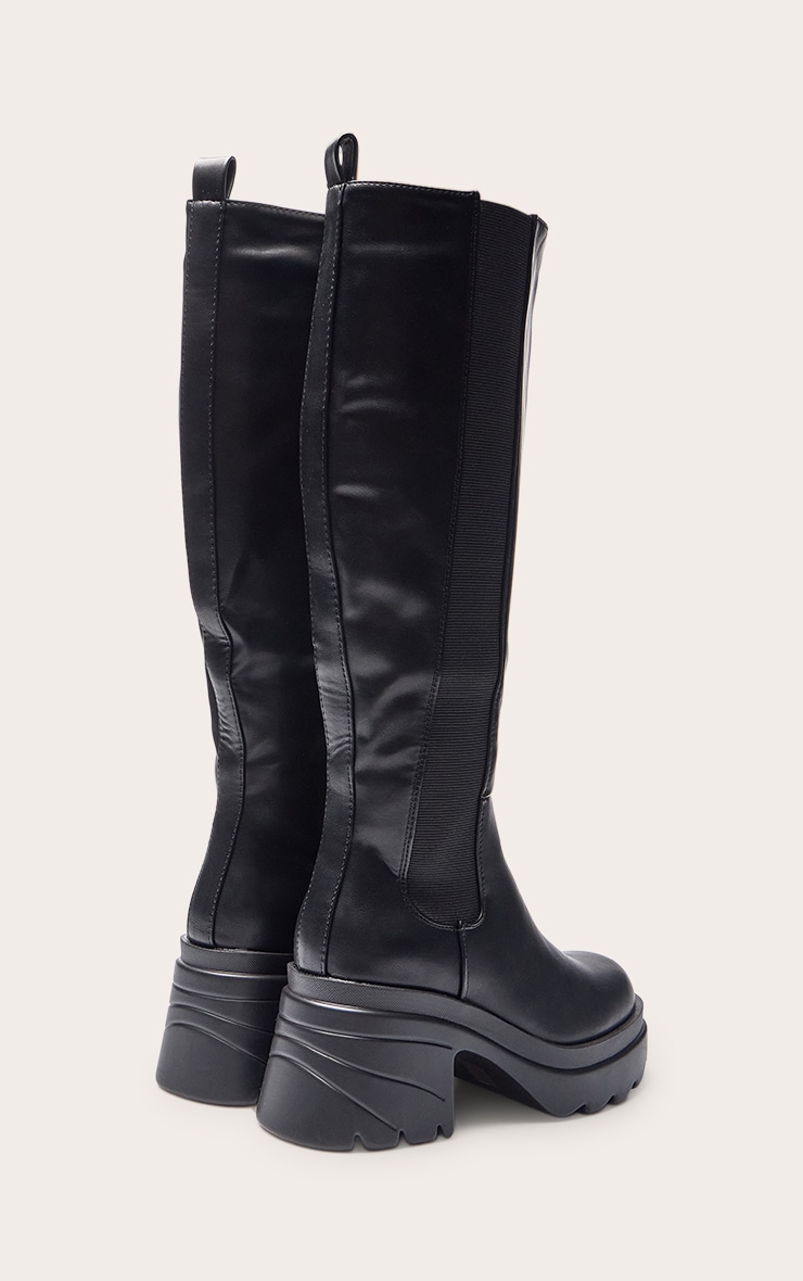 Black Pu Chunky Chelsea Heeled Knee High Boots image 4