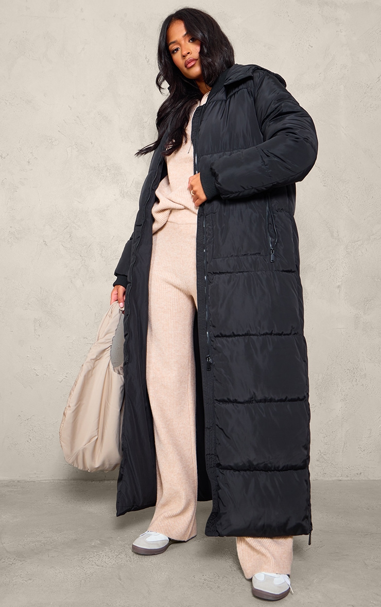 Tall Black Maxi Longline Hooded Puffer Coat image 3