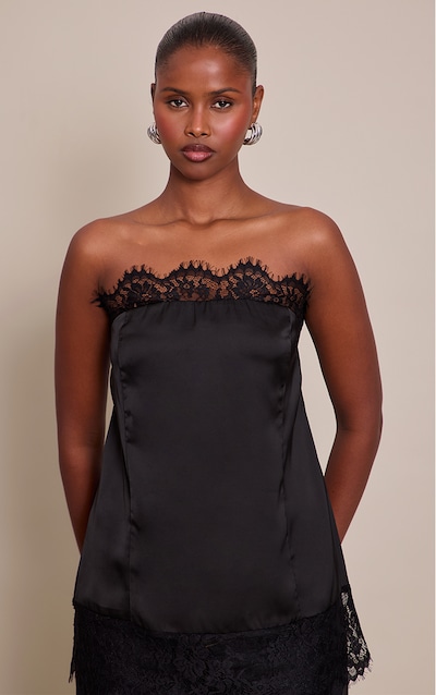 Bustier satiné noir à double bordures en dentelle