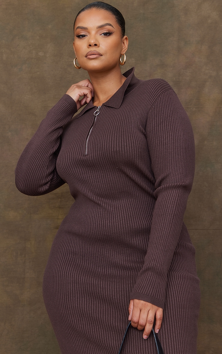 Plus Robe longue chocolat à zip détail col image 4
