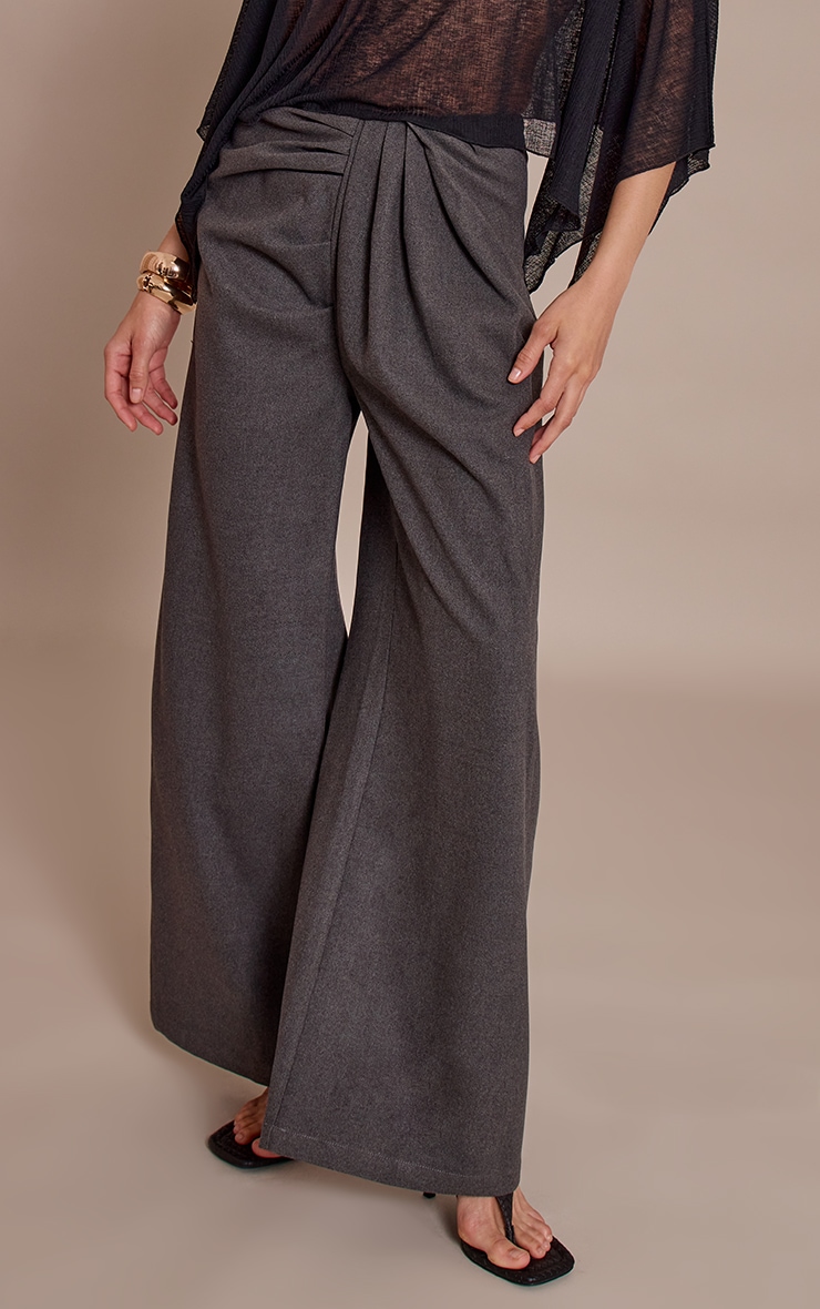 Charcoal Brushed Tailored Woven Pleat Detail Wide Leg Pants image 2