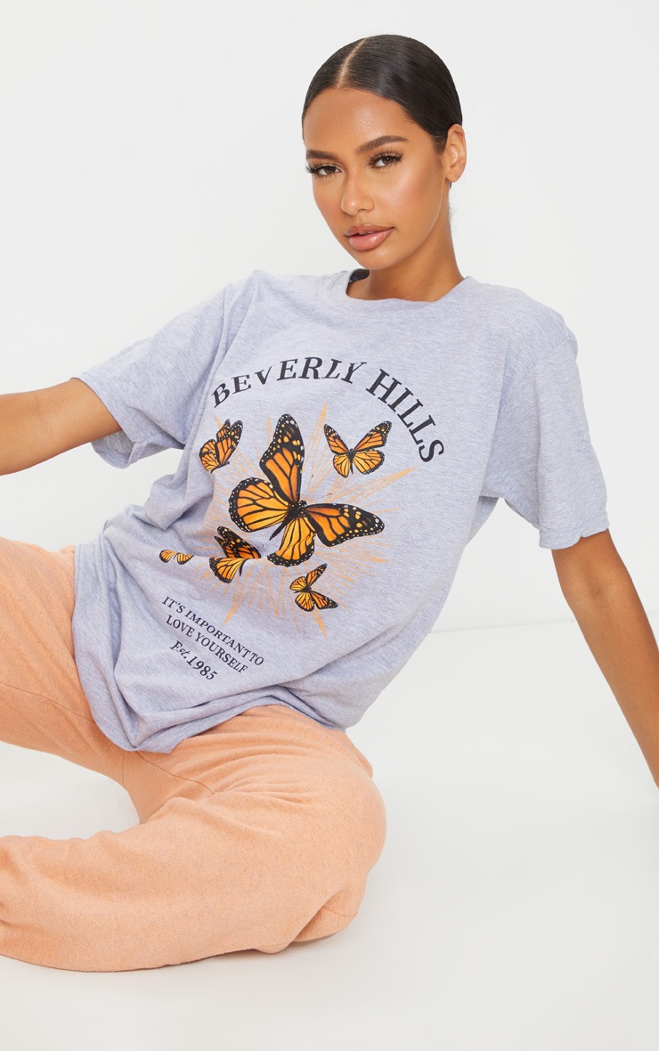 Grey Beverly Hills Butterfly Printed T Shirt