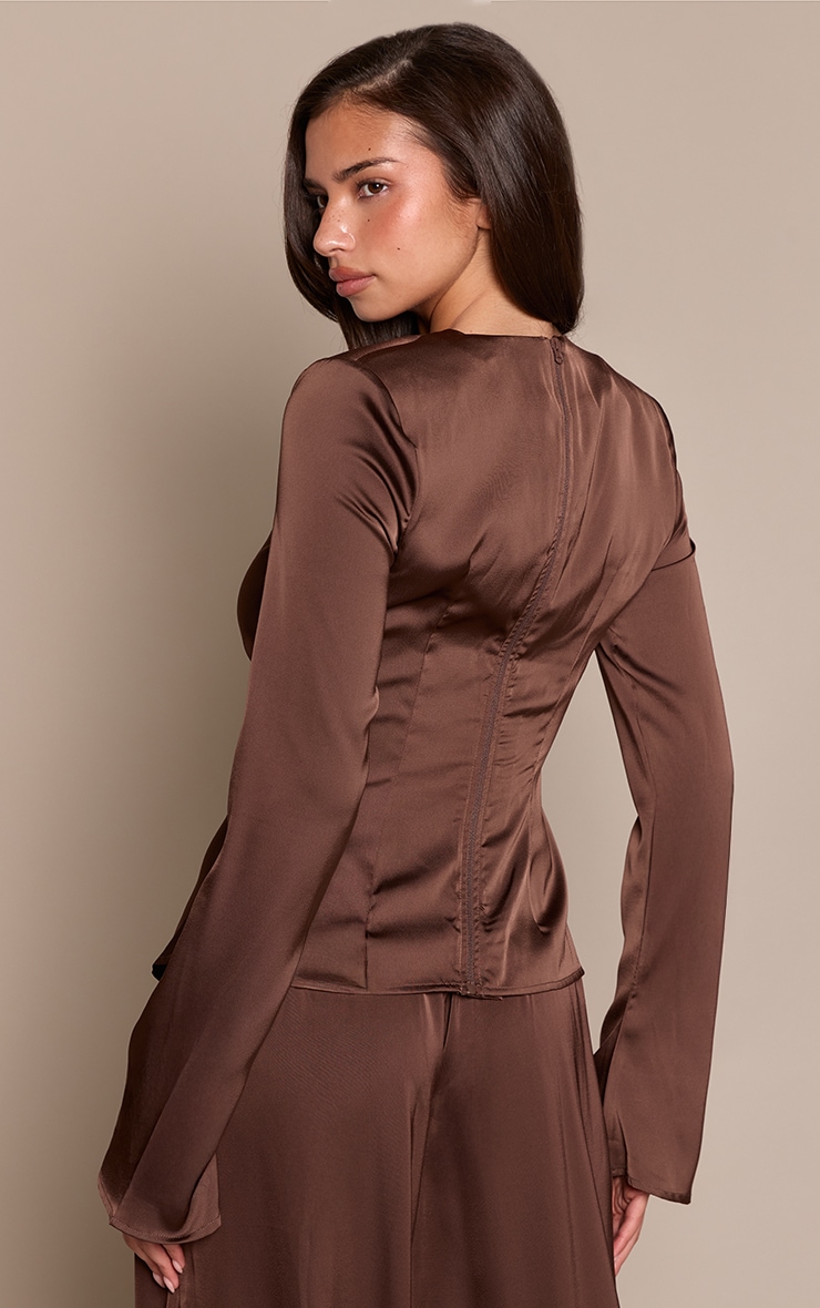 Dark Brown Satin Twist Waist Long Sleeve Top  image 2