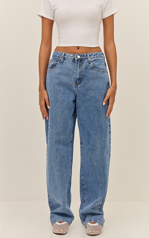 PRETTYLITTLETHING Mid Blue Wash High Waist Boyfriend Jeans
