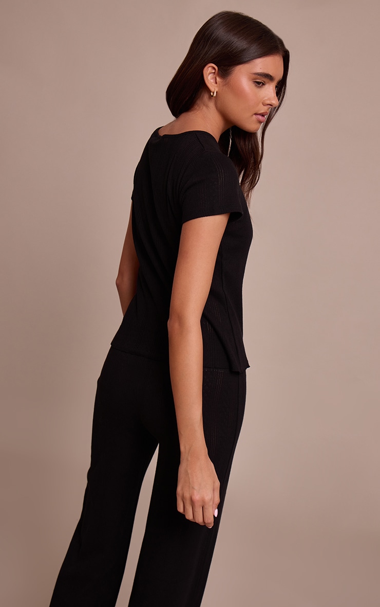 Black Pointelle Fitted Longline T-Shirt image 2