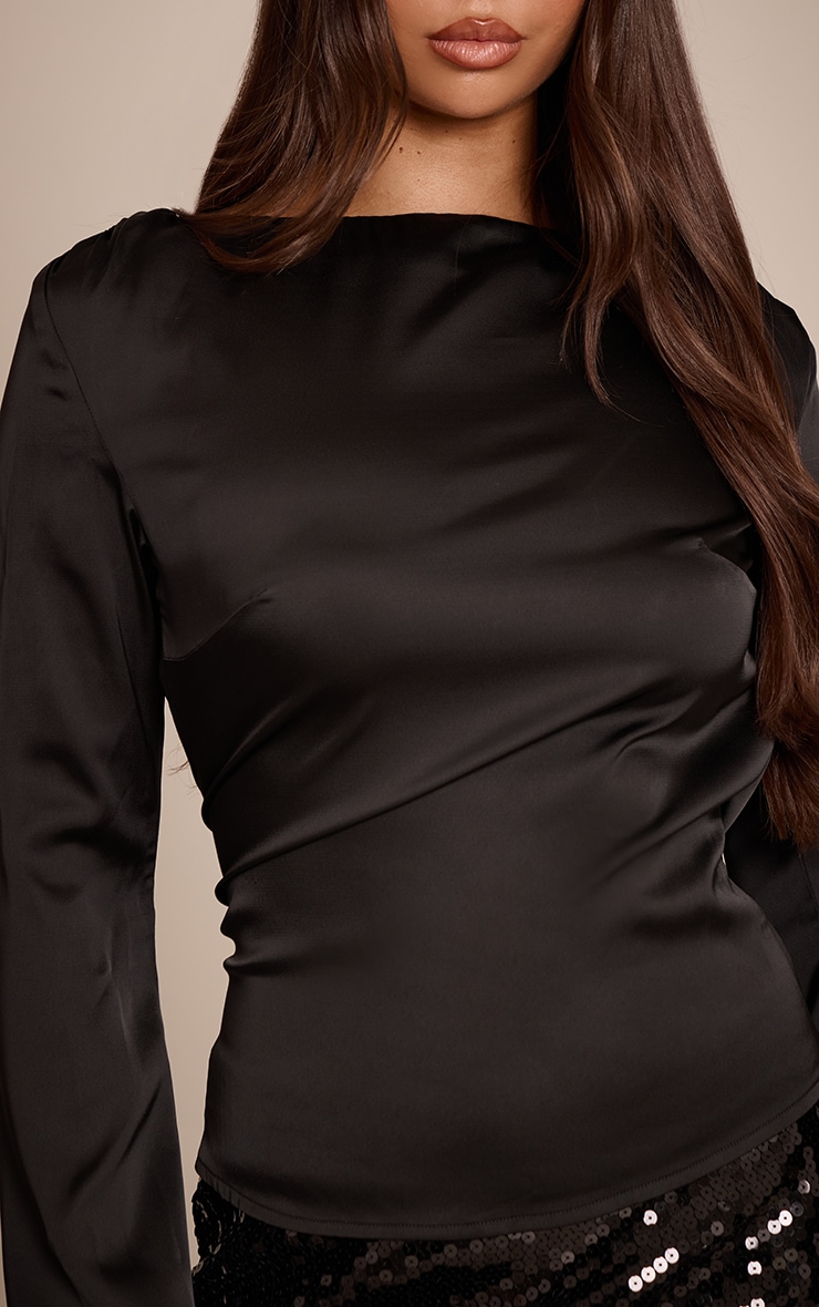 Black Satin Boatneck Long Sleeve Top image 4