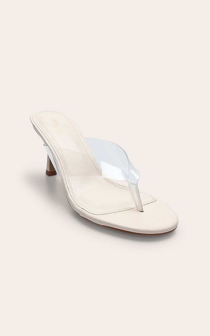 Ecru Pu Round Toe Thong Perspex Straps Mid Heeled Mules image 3