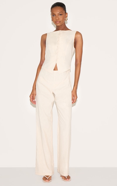Stone Linen Blend Waistcoat Detail Straight Leg Jumpsuit