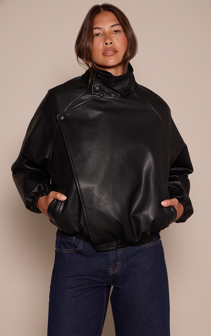 Black Funnel Neck Leather Jacket