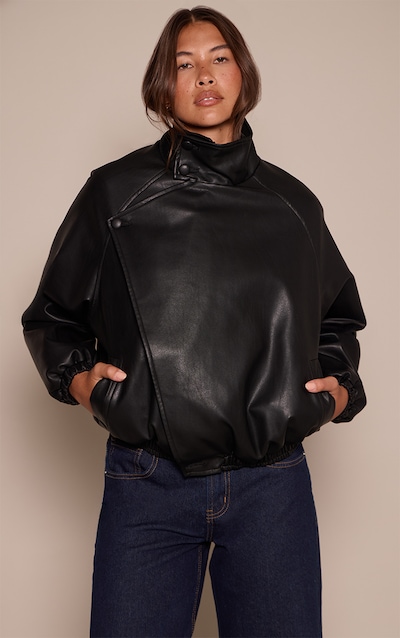 Black Funnel Neck Leather Jacket