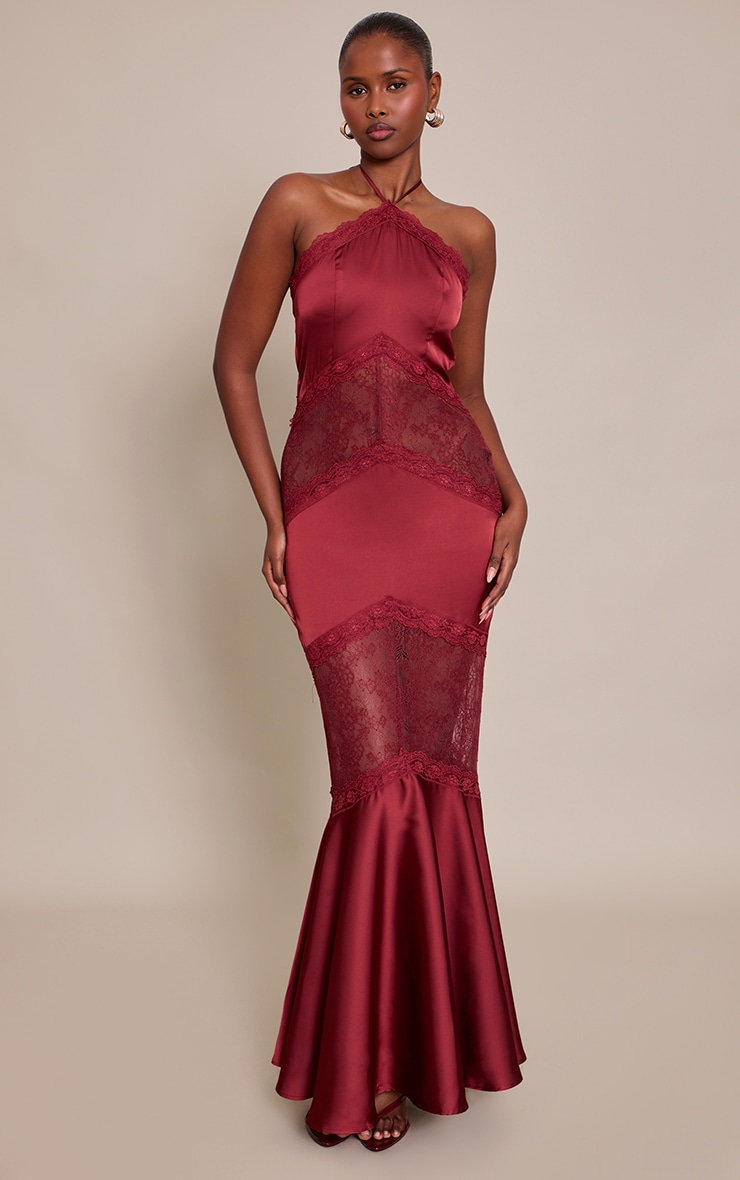 Wine Satin Halterneck Lace Maxi Dress image 1
