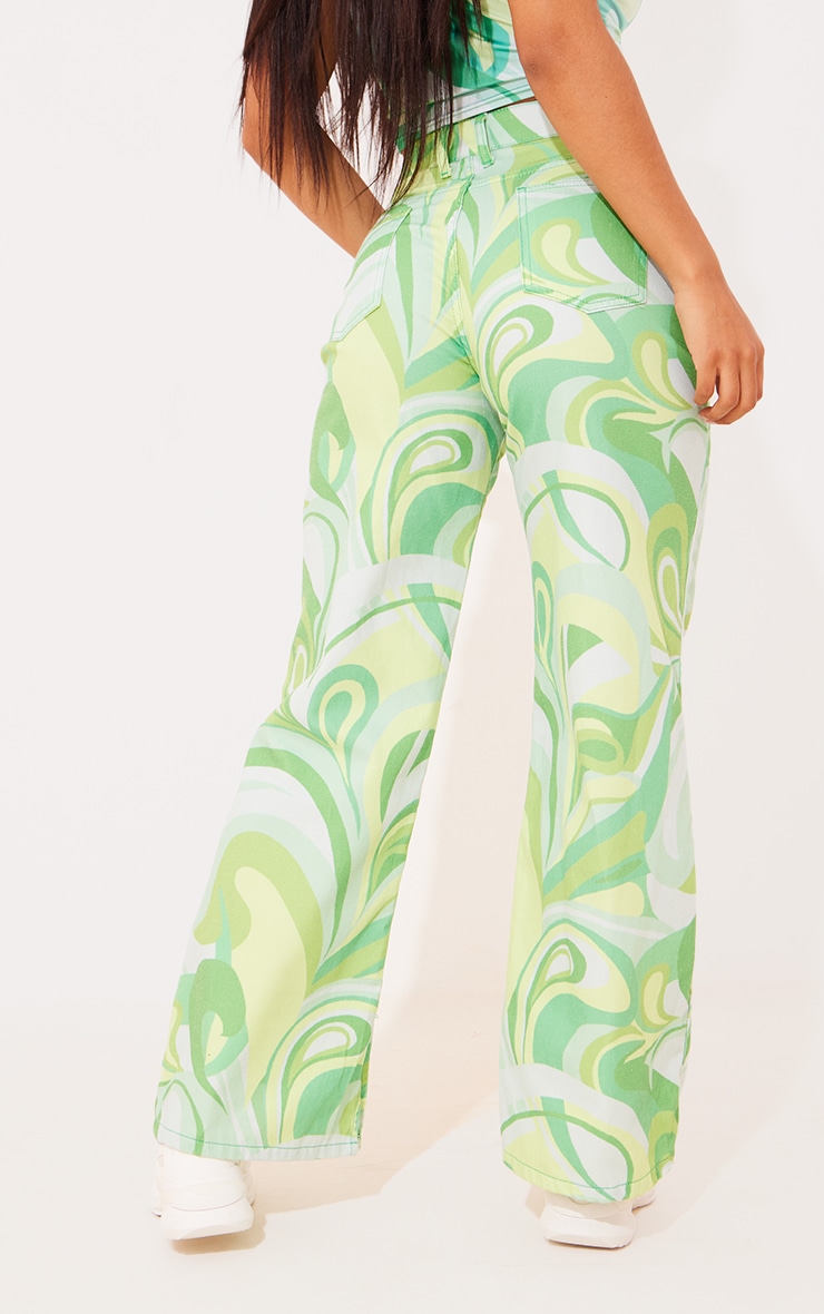 Green Geometric Print Split Hem Jeans image 3