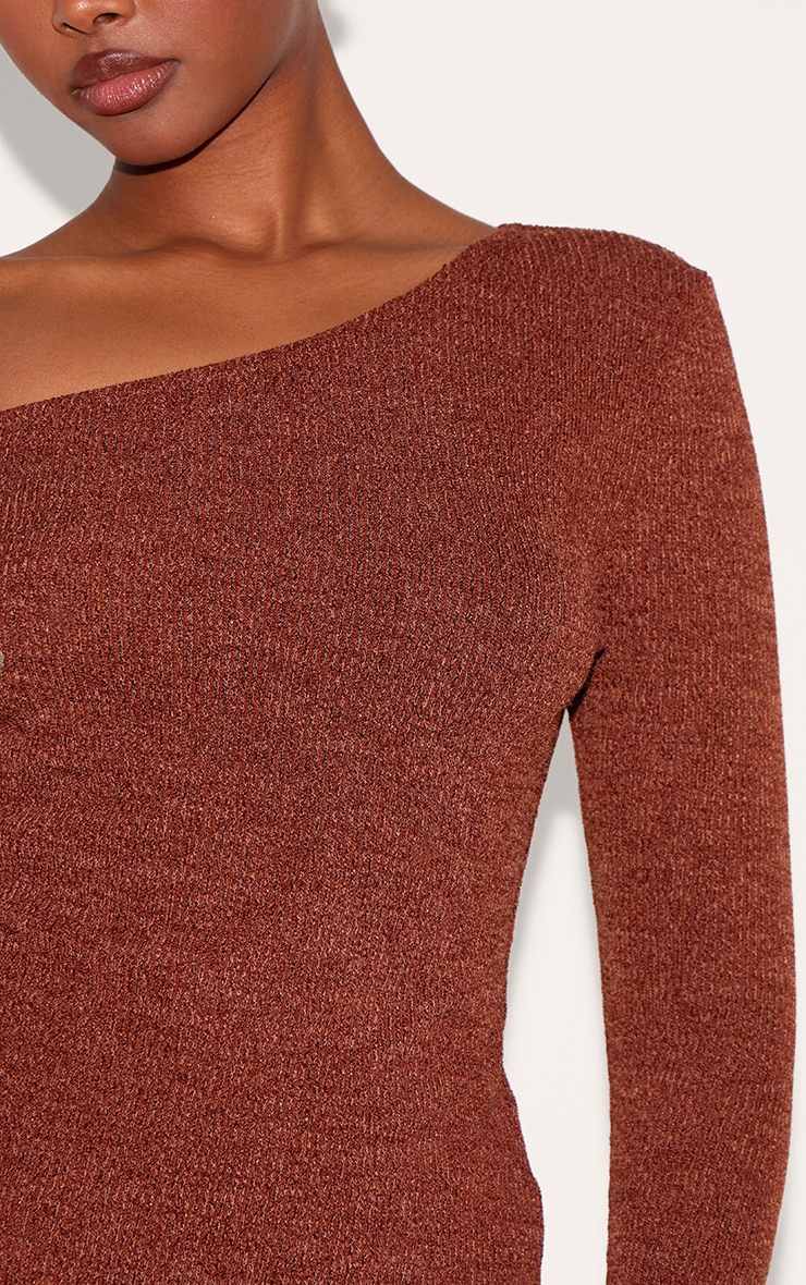 Brown Textured Asymmetric Flared Sleeve Long Top image 4