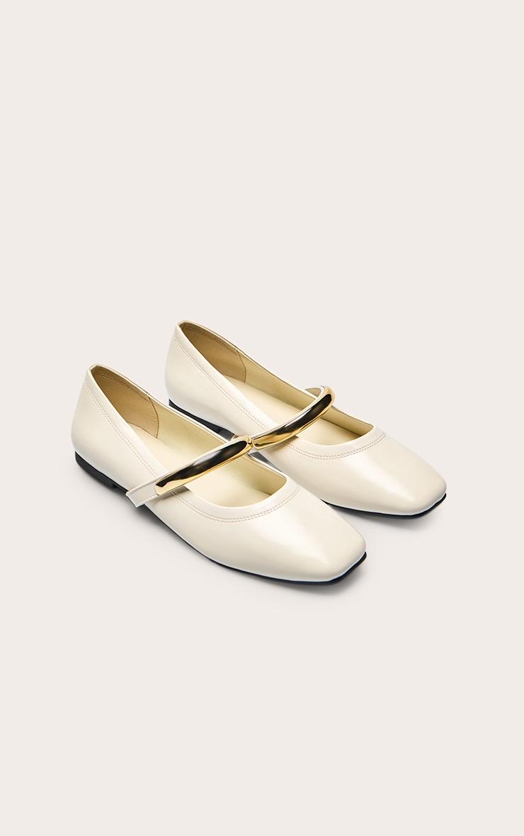 Cream Soft PU Gold Strap Square Toe Ballet Flats image 3