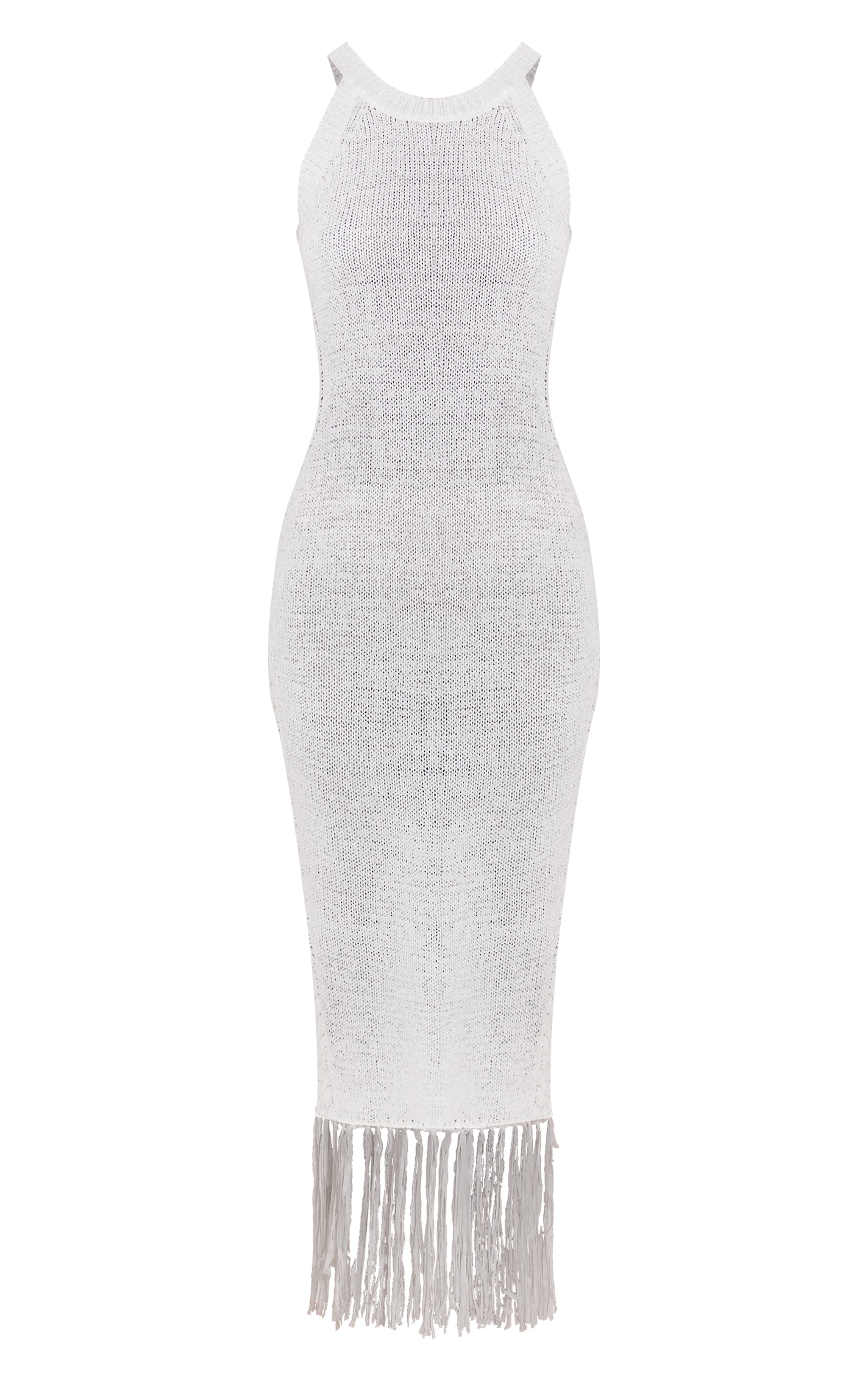 White High Neck Maxi Fringe Knit Dress image 5