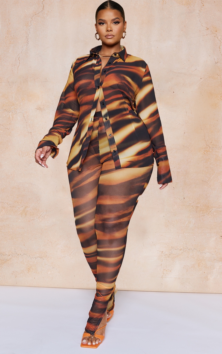 Plus Brown Tiger Printed Fitted Chiffon Plunge Shirt image 3