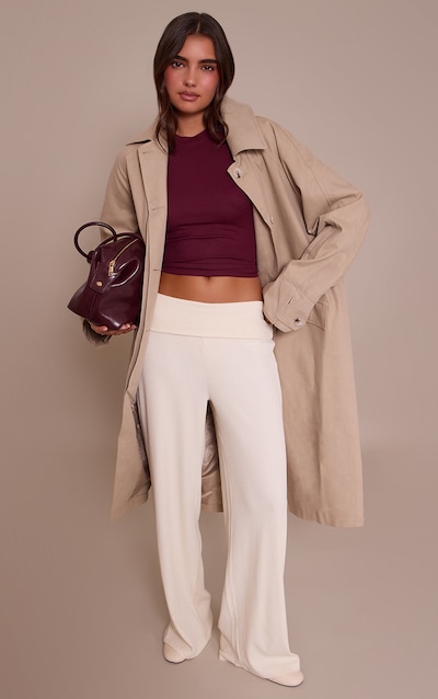 Cream Thick Rib Fold Over Pocket Detail Wide Leg Pant