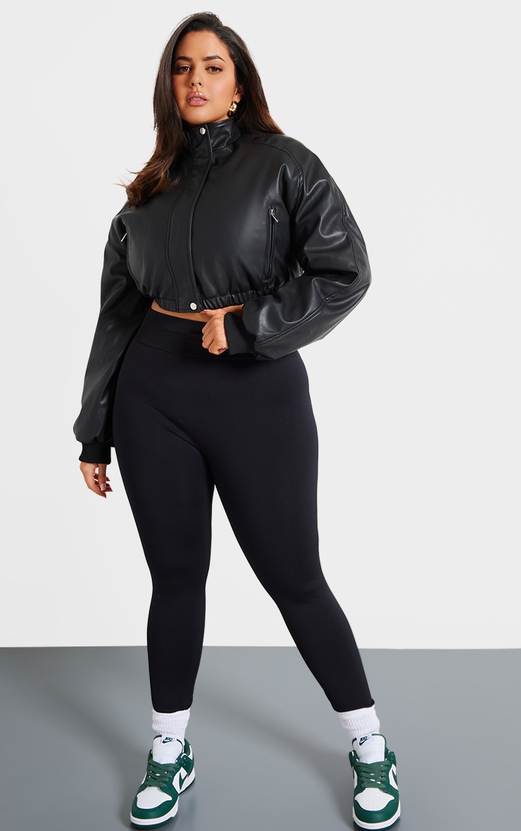 Plus Black Faux Leather Pocket Detail Crop Bomber Jacket image 3