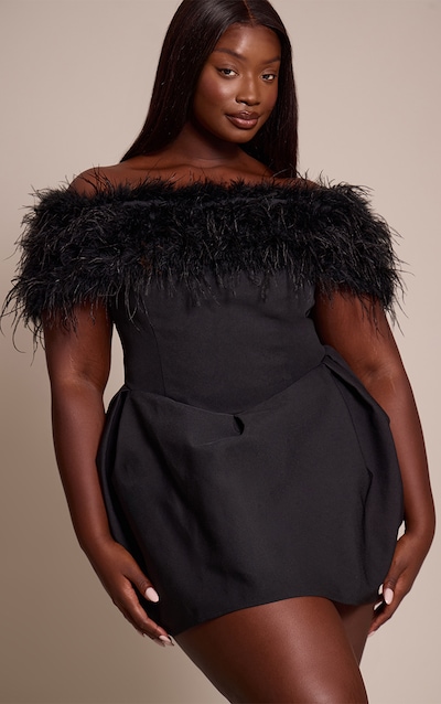 Plus Premium Black Woven Bardot Feather Tulip Mini Dress