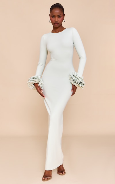 Robe longue vert sauge à manches bouffantes
