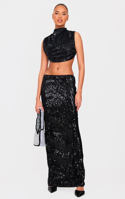 Jupe longue noire à sequins et taille mi-haute
