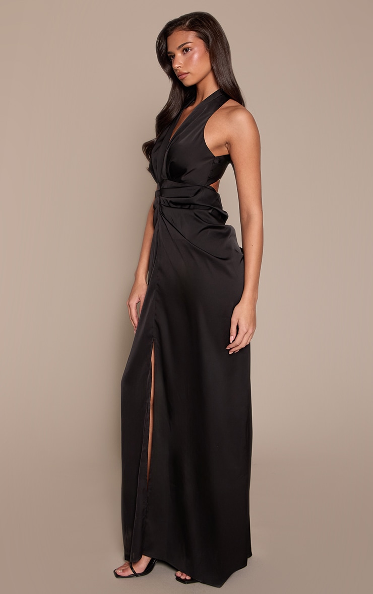 Black Satin Ruched Detail Plunge Maxi Dress image 3