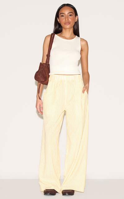 Petite Pantalon effet lin jaune citron à rayures et taille élastique