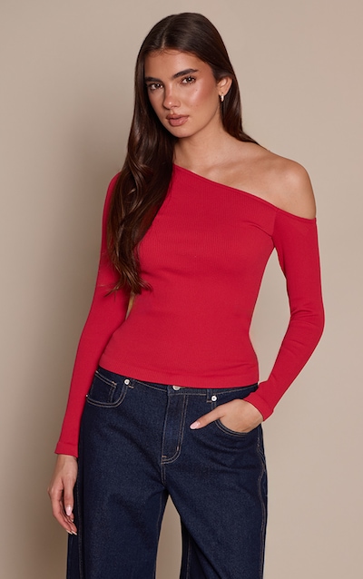 Red Contour Rib Asymmetric Long Sleeve Top