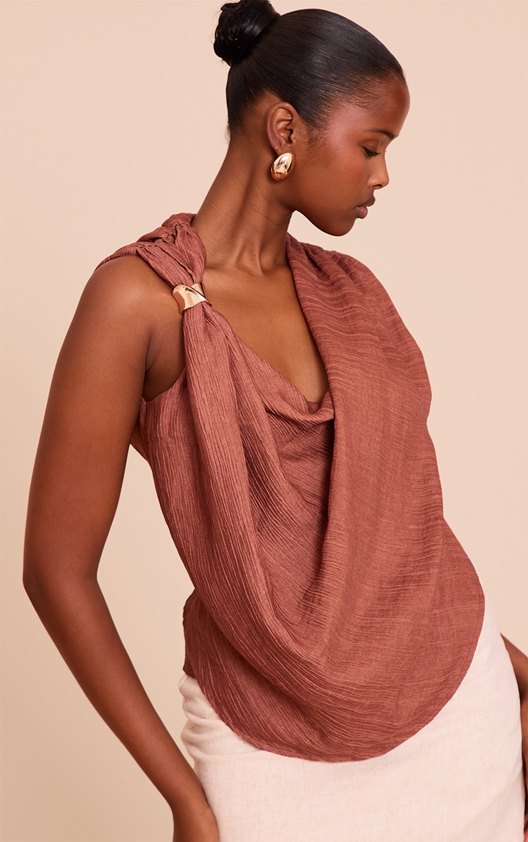Brown Textured Woven Trim Detail Drape Top image 4