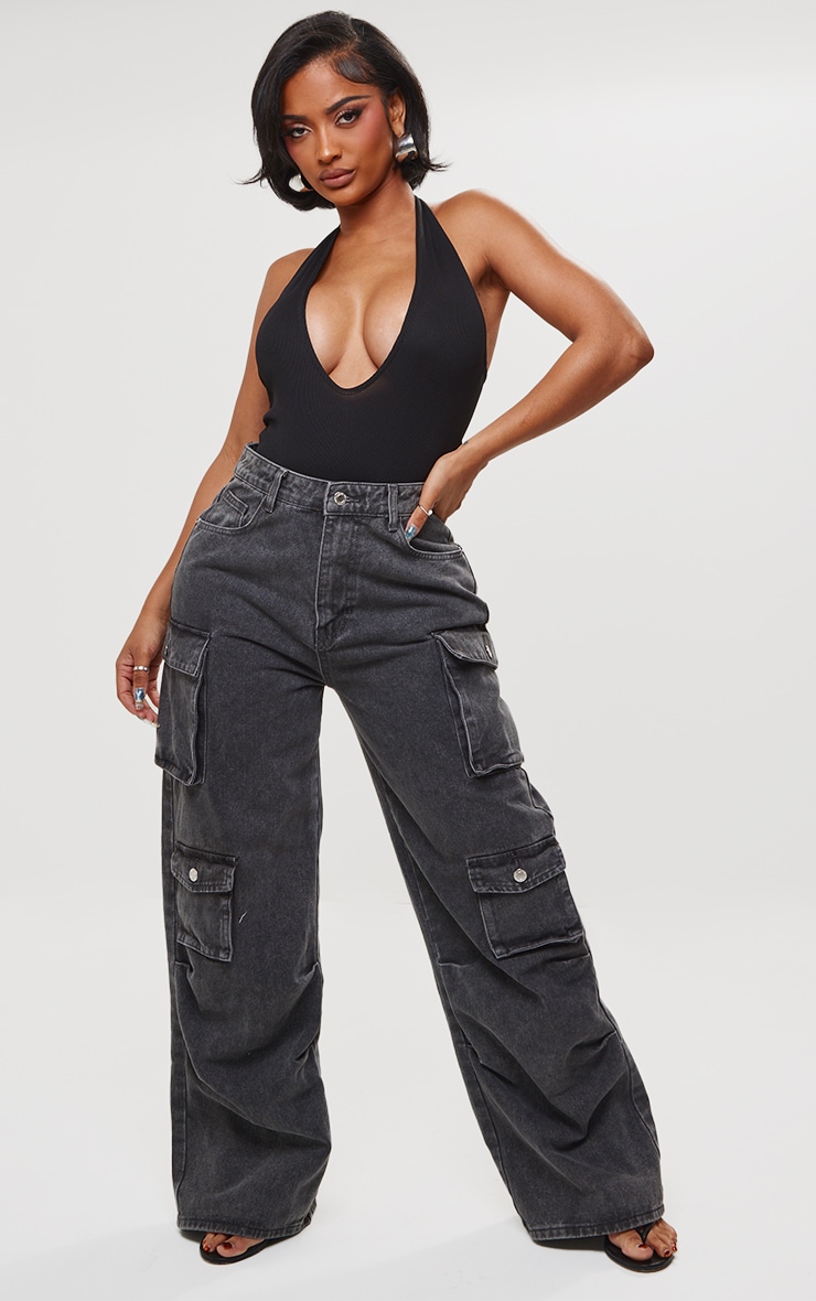 Shape Black Ribbed Halterneck Plunge Bodysuit image 3
