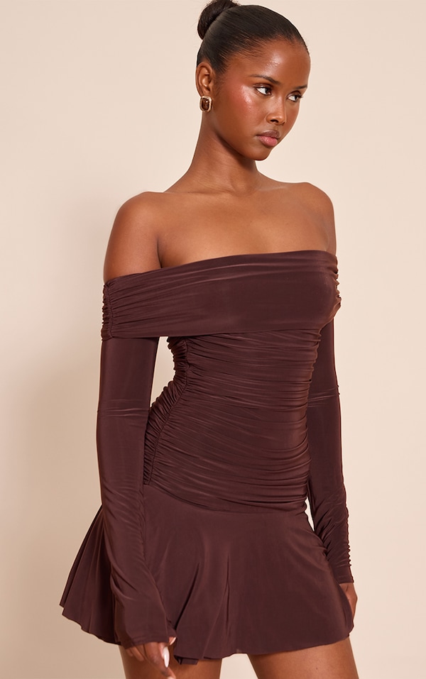 Chocolate Double Layer Slinky Long Sleeve Bardot Mini Dress