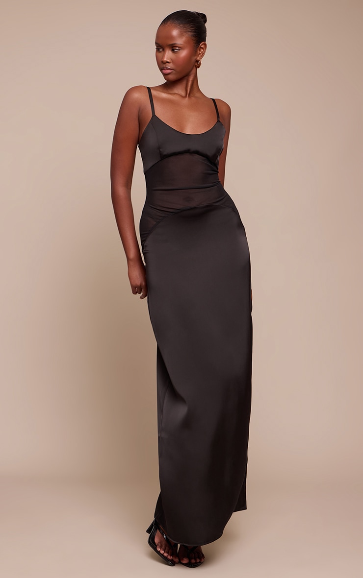 Black Satin Scoop Neck Mesh Detail Maxi Dress image 3