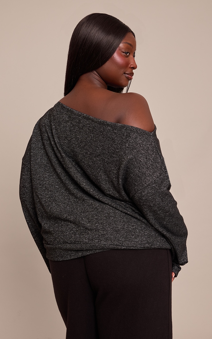 Plus Charcoal Grey Soft Knit Asymmetric Oversized Slouchy Long Sleeve Top image 2