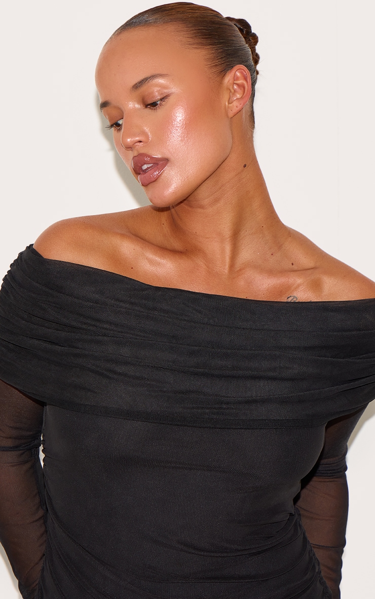 Plus Black Mesh Overlay Long Sleeve Bardot Maxi Dress image 4