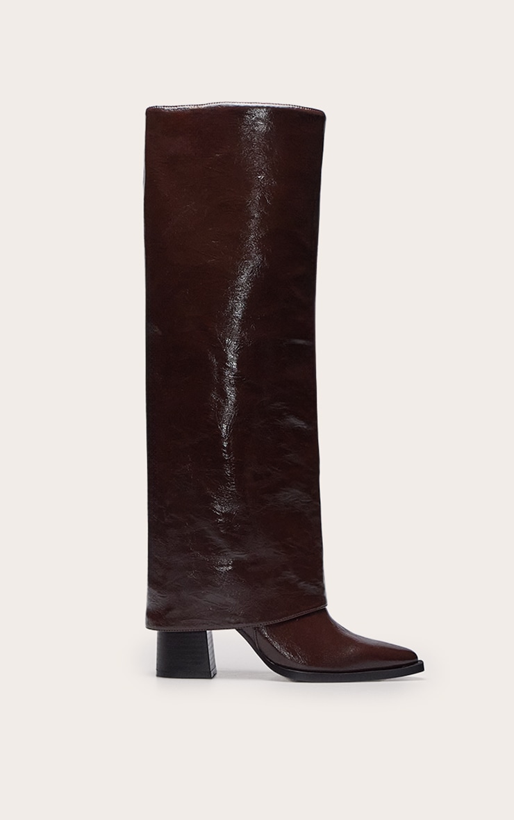 Chocolate Fold Over Knee High Block Heel Boot image 2