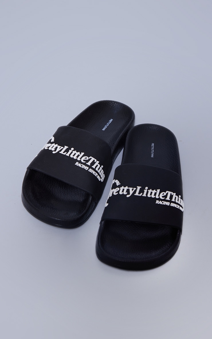 PRETTYLITTLETHING Black New Racer Embossed Sliders image 1