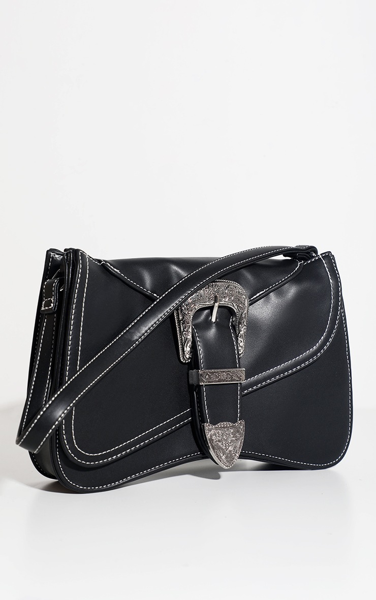 Black PU Ornate Silver Buckle Shoulder Bag