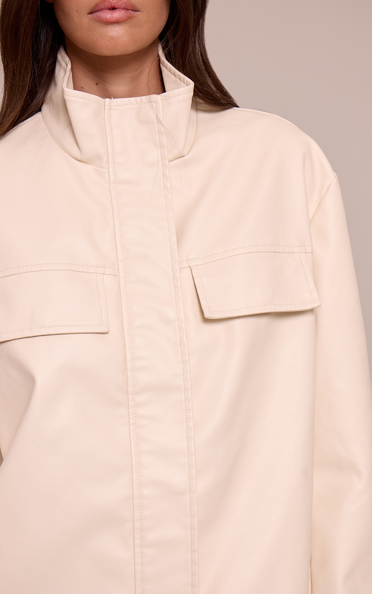 Cream Faux Leather Funnel Neck Jacket image 4