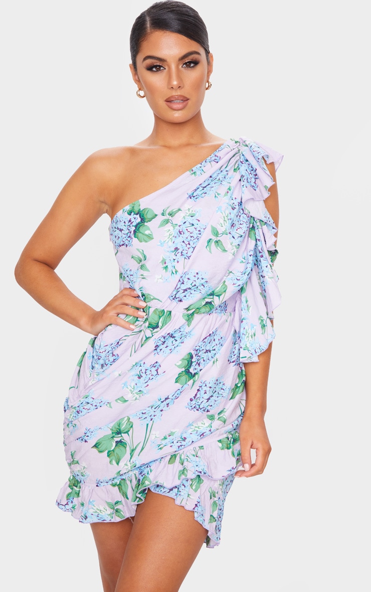 Lilac Floral Print Ruffle Detail One Shoulder Bodycon Dress