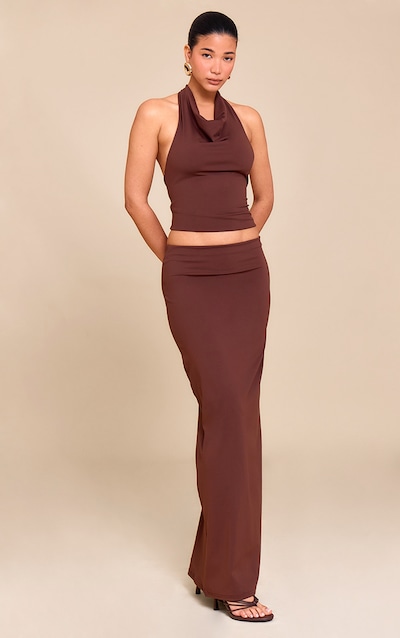 Jupe longue en Sculpt mat marron chocolat à taille mi-haute