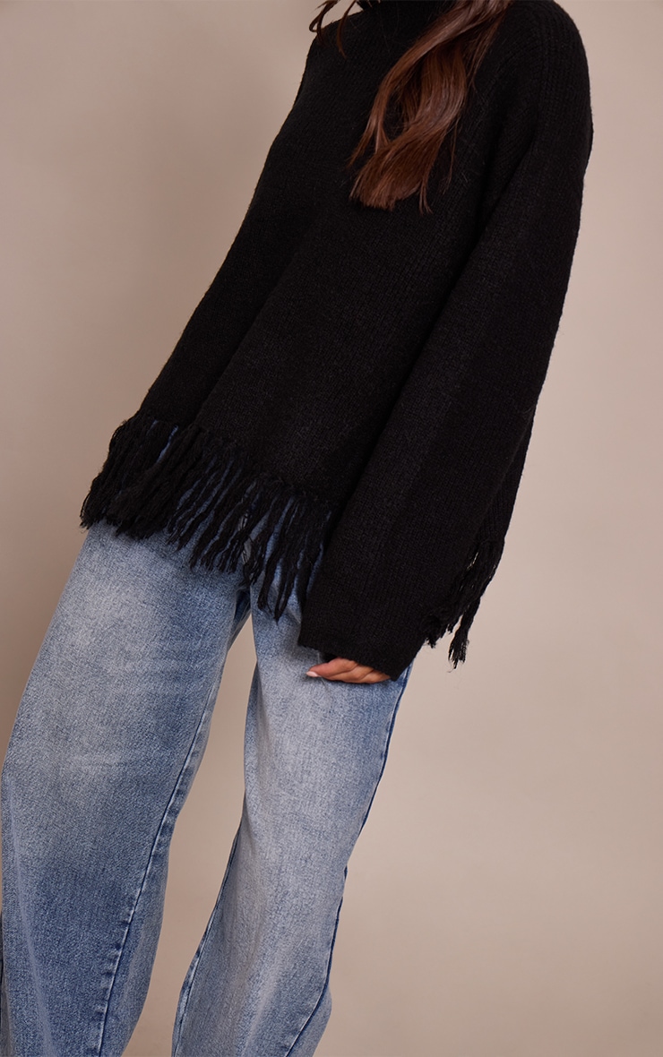 Black Round Neck Fringe Hem Oversized Sweater image 4