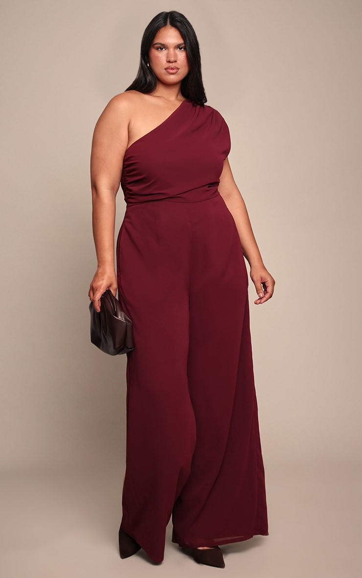Plus Plum Chiffon One Shoulder Ruched Jumpsuit