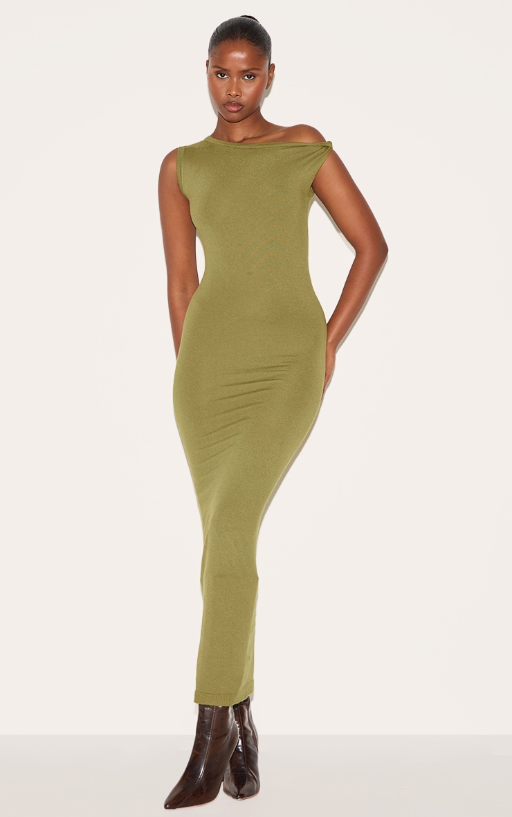 Olive Basic Knit Asymmetric Twist Sleeve Maxi Dress image 3