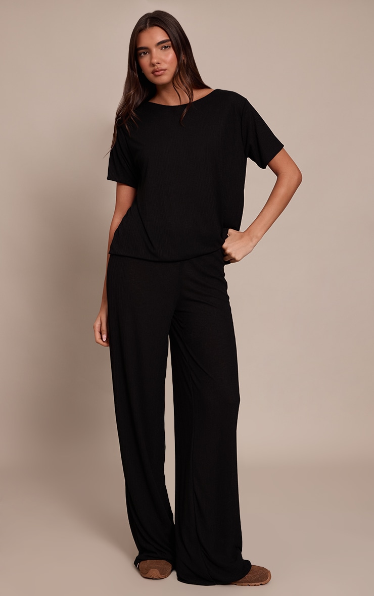 Black Sheer Textured Wide Leg Pants image 1