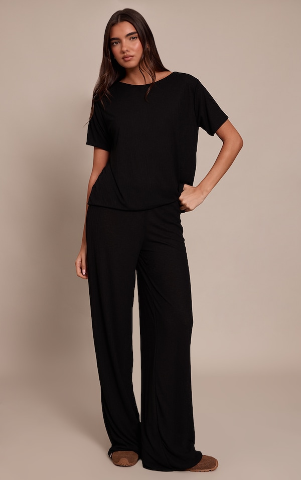 Black Sheer Textured Wide Leg Pants