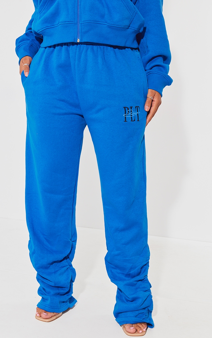 PRETTYLITTLETHING Shape Bright Blue Embroidered Ruched Leg Track Pants image 2