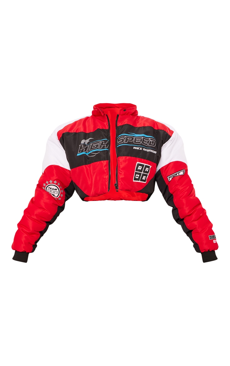 Red Graphic Front Cropped Puffer Jacket image 5