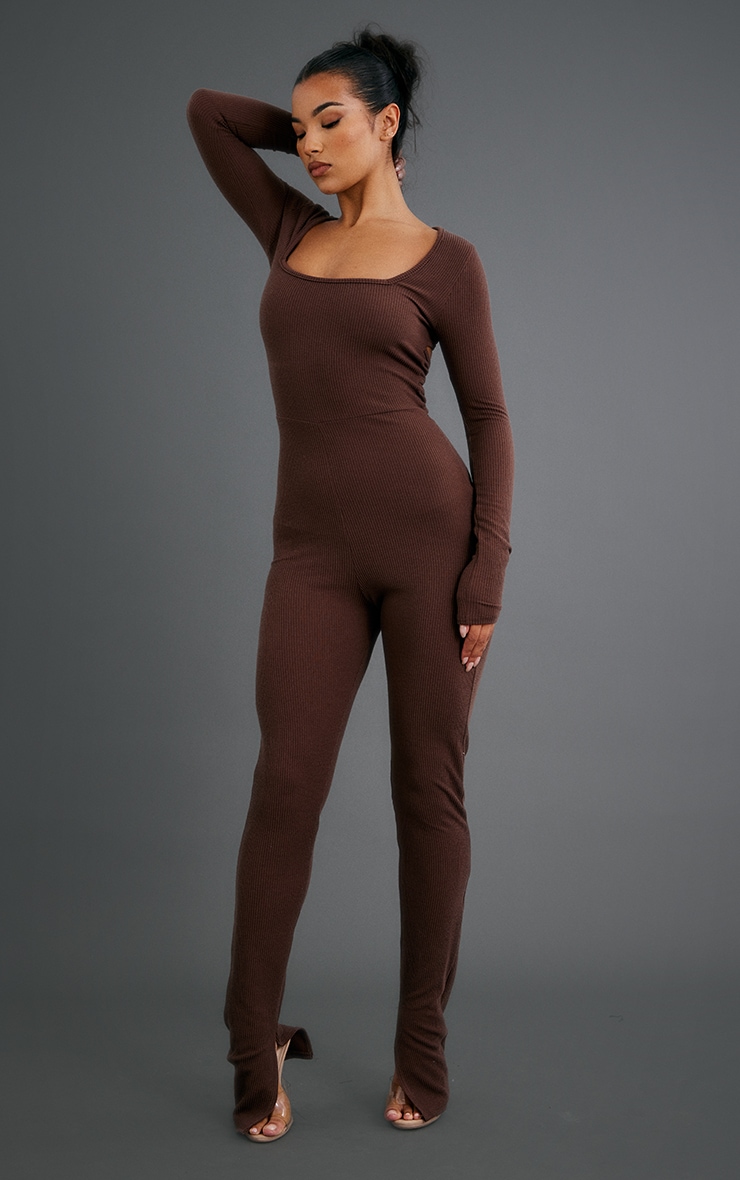 Chocolate Crinkle Rib Back Detail Long Sleeve Jumpsuit image 3