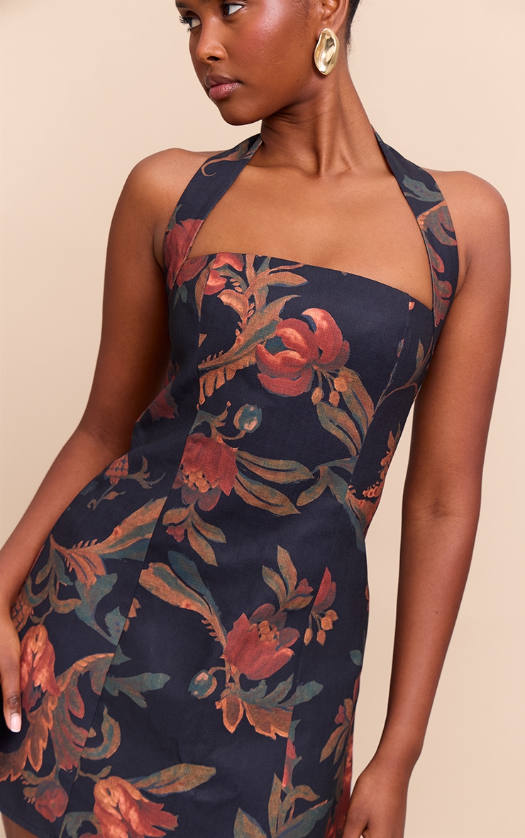 Burnt Orange Floral Square Halterneck A-line Dress image 4