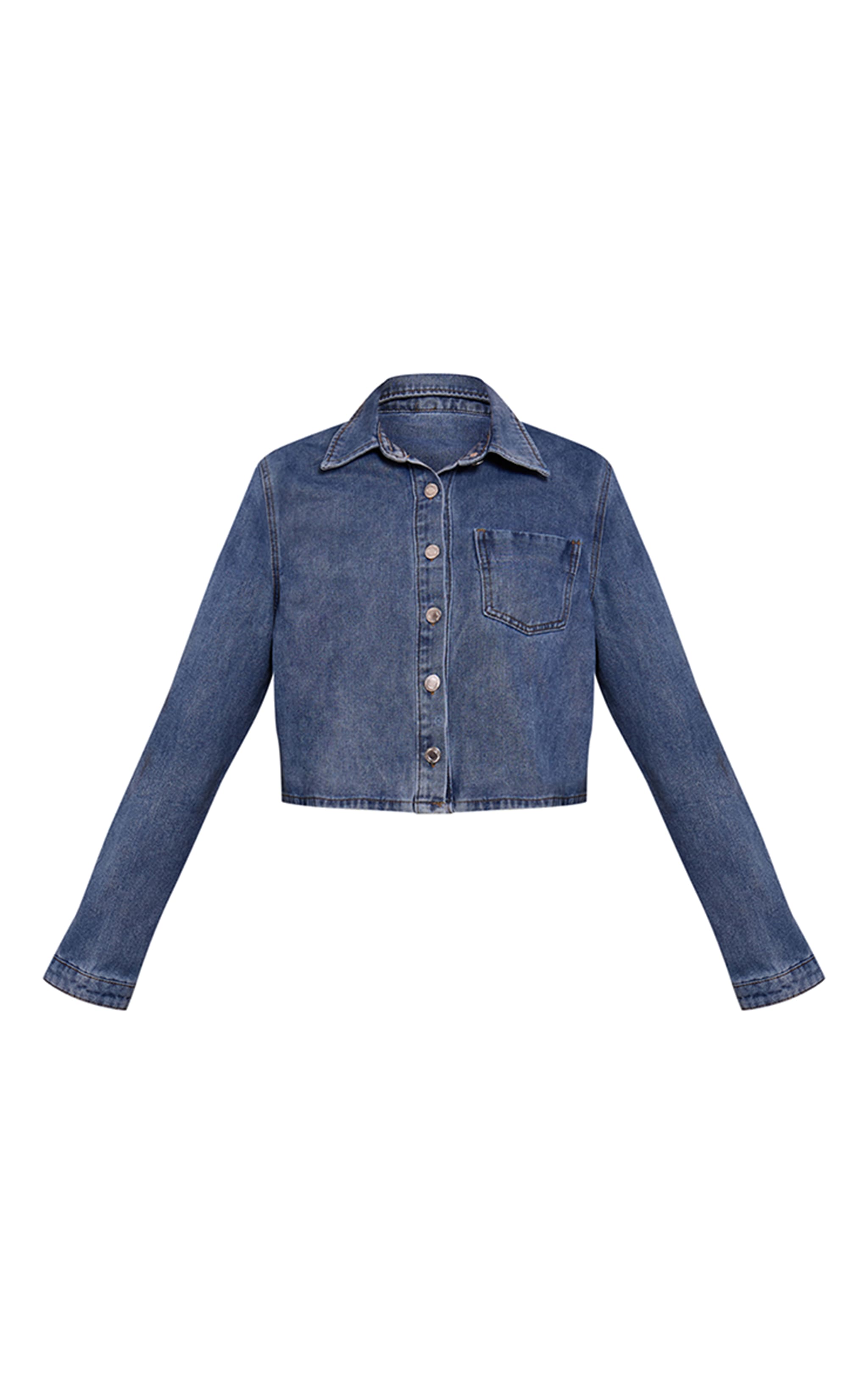  Mid Blue Wash Relaxed Long Sleeve Cropped Denim Shirt image 5